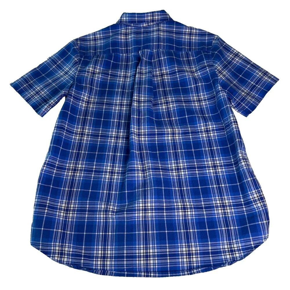 Ralph Lauren Boys Blue Plaid Short Sleeve Button Down Shirt Size L 14-16 Cotton